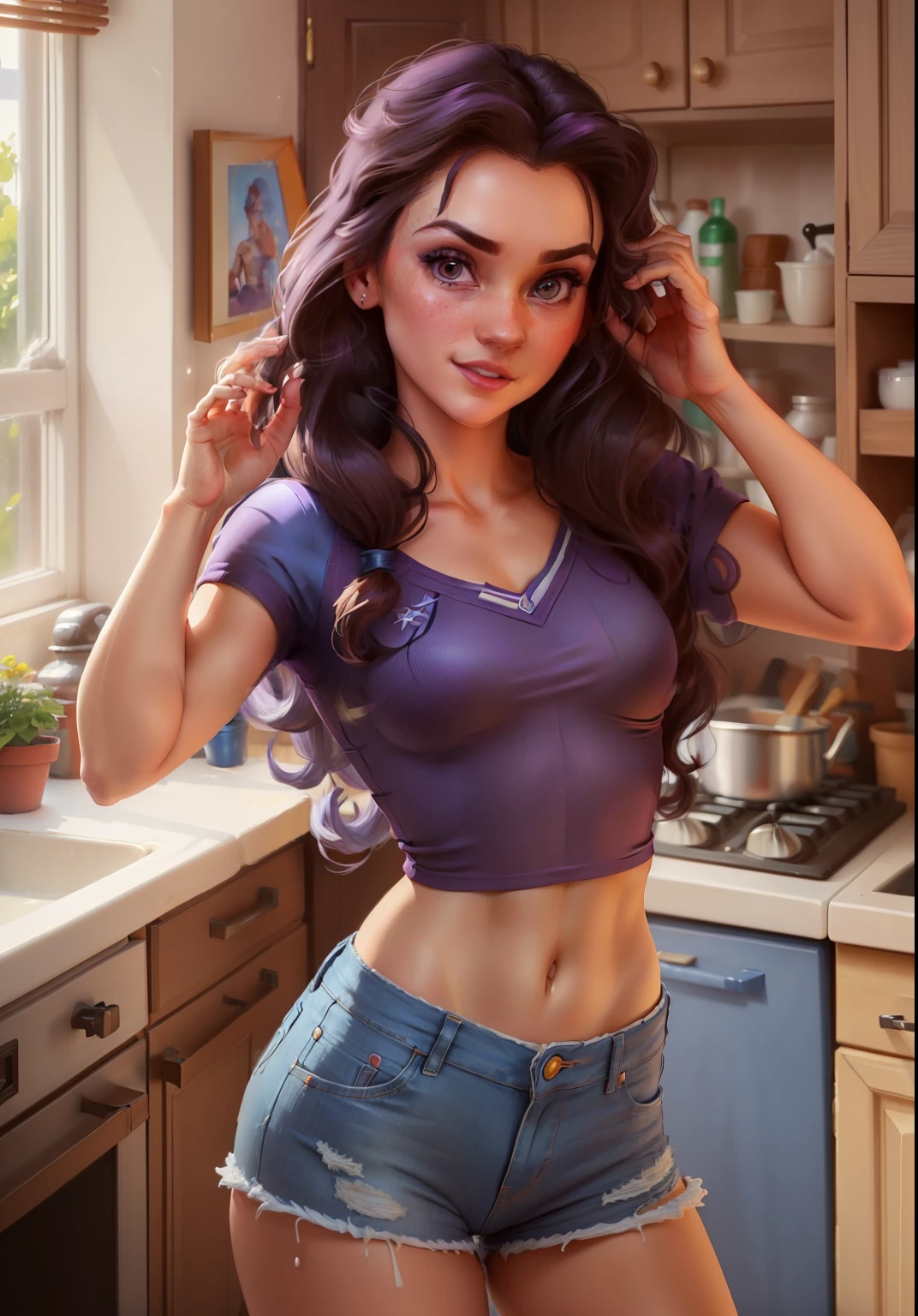 (beautiful wife:1), (Флажок в клетку Misterоночный черно-белый в руке:1.5), Misterоночные машины на фоне, surprised, Cute, Cute pose, Misterлядя на зрителя, четкие симметричные детализированные Misterлаза, (hairstyle long hair loose), (bright purple hair), (short denim shorts sexy:1.2), (purple top on naked body:1.2), :Mister, (Realistic: 1), (cartoon), (masterpiece: 1.2), (best quality), (overly detailed), (8 thousand., 4K, intricate), (full length shot: 1), (cowboy shot: 1.2), (85 mm), light particles, lighting, (very detailed: 1.2), (detailed face: 1.2), (Misterрадиенты), sfw, Colorful, (подробные Misterлаза: 1.2), (подробный пейзаж Misterоночной трассы, sports cars, competitions, sports car:1.2),(blurred background), (динамический уMisterол:1.2), (dynamic pose:1.2), (rule three_Composition:1.3), (Line of action:1.2), wide view, daylight, One, five fingers on hands