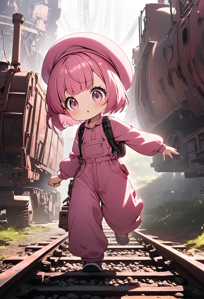 kawaii chibi character girl, running while firing a pink submachine gun, pink bob haircut, cute big round eyes, wearing baggy pink jumpsuit, baggy pink beret, background wilderness, rusty freight cars, conceptual installation art, various effects, delicate and dynamic textures, contrasts of light and shadow, 2.5D, digital graphic CG, BREAK ultra detailed, absolutely resolution, best quality