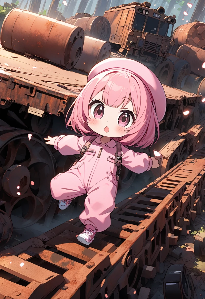 kawaii chibi character girl, running while firing a pink submachine gun, pink bob haircut, cute big round eyes, wearing baggy pink jumpsuit, baggy pink beret, background wilderness, rusty freight cars, conceptual installation art, various effects, delicate and dynamic textures, contrasts of light and shadow, 2.5D, digital graphic CG, BREAK ultra detailed, absolutely resolution, best quality