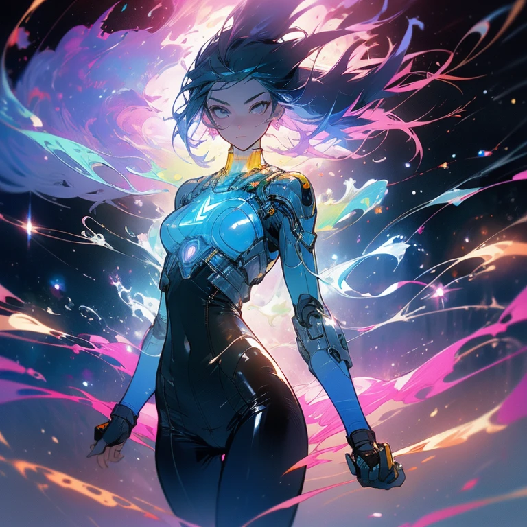 ((Best quality)), ((masterpiece)), (detailed: 1.4), (Absurd), furious princess ready for war, Margot Robbie (((action pose))), glowing skin, perfect body, defined muscles, half-thick bare thighs, closed mouth, only in panties, (((include stars all over the outfit))), muscular body covered by clothing Very dark blue and orange yellow star technology, nebula effect, Neon Genesis Evangelion style and masamune shirow girls,  cyberpunk, generous neckline, ((perfect medium breasts)), (well-outlined eyes without pupils), (((long, very black eyelashes)), ((dark blue clothing))), (dark blue hair misaligned equal to major motoko kusanagi, Ghost in the Shell), (((rot rod flames covering breasts)))), (Cosmic tattoo on arms), short underwear, garter belt, by mucha, niji --V5, close to real, psychopathic, crazy face,  Sexy pose, 2 piece clothing, pastel, centered, scale to fit dimensions, HDR (High Dynamic Range),Ray Tracing,NVIDIA RTX,Super-Resolution,Unreal 5,Subsurface Dispersion, PBR Texture, Post-processing, Anisotropic filtering, Depth of field, Maximum clarity and sharpness, Multilayer textures, Albedo and specular maps, Surface shading, Accurate simulation of light-material interaction, Perfect proportions, Octane Render, Two-tone lighting,  Wide aperture, Low ISO, White balance, Rule of thirds, 8K RAW, crysisnanosuit