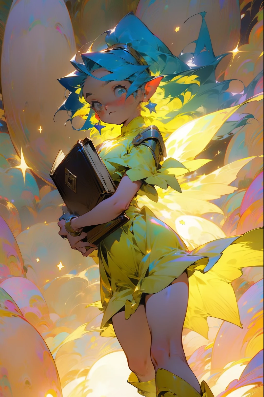 One Girl、One girl,Expressionless、Fantastic look、Fairy, Pointed Ears, masterpiece, Best Quality, High resolution,, One girl, Alone, Blue Hair, Yellow Bandana, Long Hair , Thigh-high boots、Yellow dress、Yellow Skirt, Dark Background, starlight, star,starをすくう、手のひらでstarを救い上げる、Thighs、Holding a book、Holding a book、Close the book。