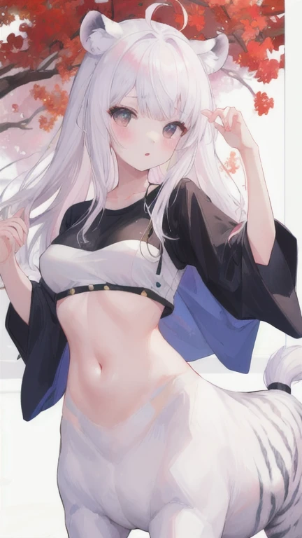 (best quality, masterpiece), 1 girl, centaur, It takes, White skin, Japanese ,daughter,black pink,Smiling, exposing the abdomen, belly button t-shirt , 아름다운 소녀 perfect white tiger photo, perfect white tiger photo