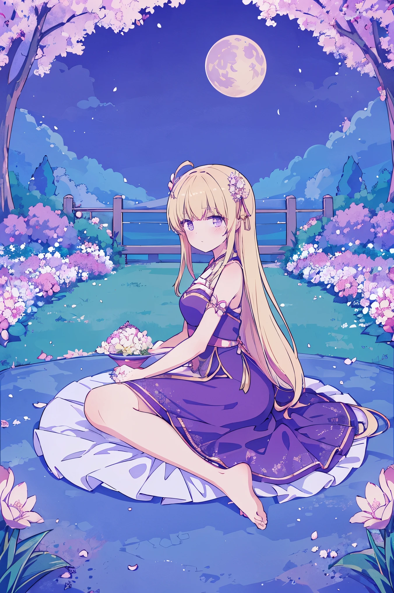 (Best quality at best,A high resolution,The image is clear:1.2),Ultra detailed backgrounds,Beutiful women,The stands up，purple dress，Chinese-style clothes,Delicate petals,Garden scene,under moonlight,Romantic atmosphere,Dutch Angle Shot,gentlesoftlighting,shelmet