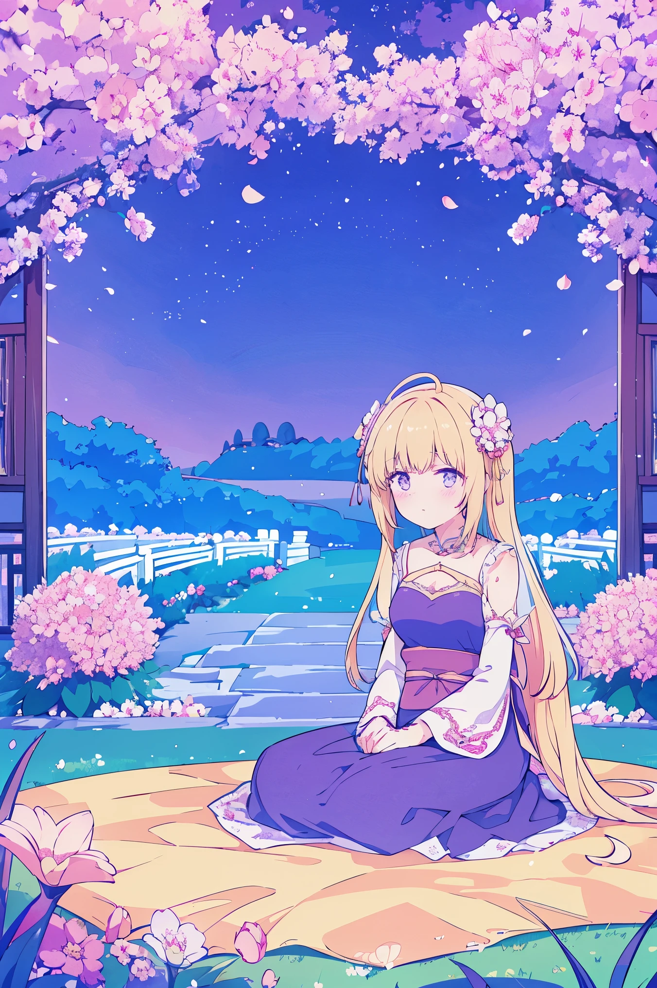 (Best quality at best,A high resolution,The image is clear:1.2),Ultra detailed backgrounds,Beutiful women,The stands up，purple dress，Chinese-style clothes,Delicate petals,Garden scene,under moonlight,Romantic atmosphere,Dutch Angle Shot,gentlesoftlighting,shelmet