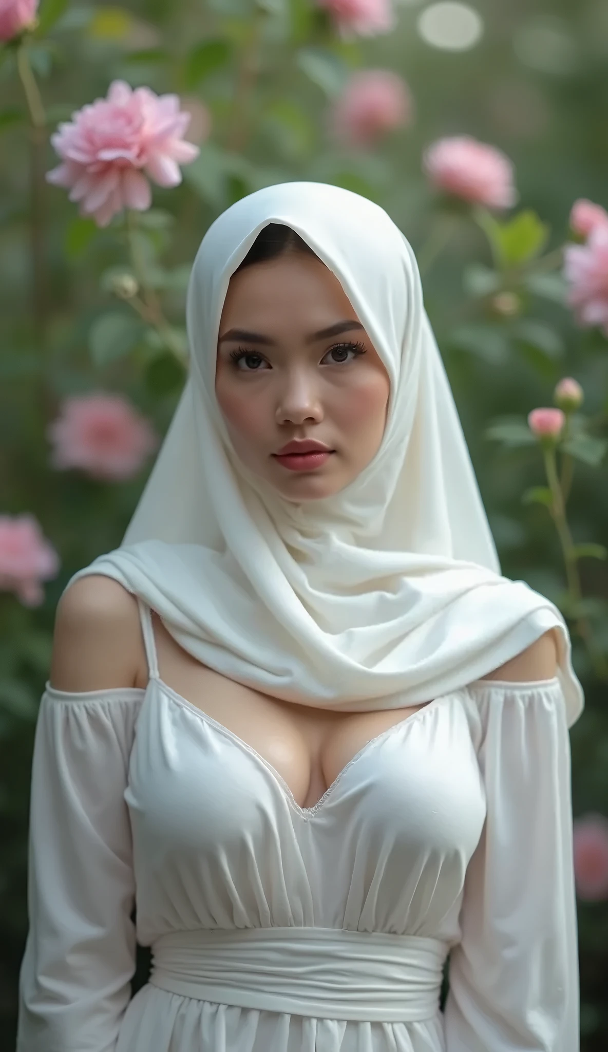 ((best quality)), ((masterpiece)), perfect face, playing on the garden, indonesia, hijab, sharp nose, smile, full body, holfing a rose, super transparent pastel gamis, unbuttoned loose opened, showing breasts and nipples