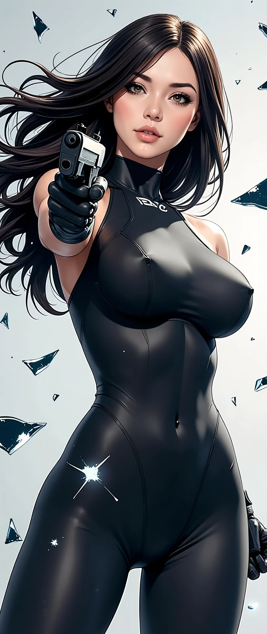 (masterpiece:1.2,Exceptional Quality,Mirror-like,Cinematic Experience,Best illustrations:2.0),Ultra-high resolution,Super detailed,8k,wallpaper,(1 female),(Future SWAT Officer:2.0),(Sexy Makeup:2.0),(Super muscular:2.0),(Beautiful Eyes),(Sparkle in the eyes),(Detailed face),(Beautiful skin texture:1.3),(Beautiful Hair:1.3),(Beautiful female hands:2.0),(Detailed hands:2.0),("SWAT"Black tight-fitting tactical bodysuit with logo:2.0),(Tactical Holster),(Tactical Gloves:2.0),(Hold the gun and aim at the camera:2.0),(Close-up of the gun barrel:2.0),(Countless cracked glass pieces are flying everywhere.:2.0),(Thick thighs:2.0),(police movie posters:2.0),(vfx:2.0),(dynamic:2.0),(Serious),(Upper body close-up:2.0),(anime:2.0),(Super functional:2.0),(Super sensual:2.0),(Super sexy:2.0),(American comic style:2.0),(Flashy makeup:2.0),(Huge breasts:2.0),(Hair blowing in the wind),(The background is a myriad of cracked glass:2.0),(The background is colorless:2.0)