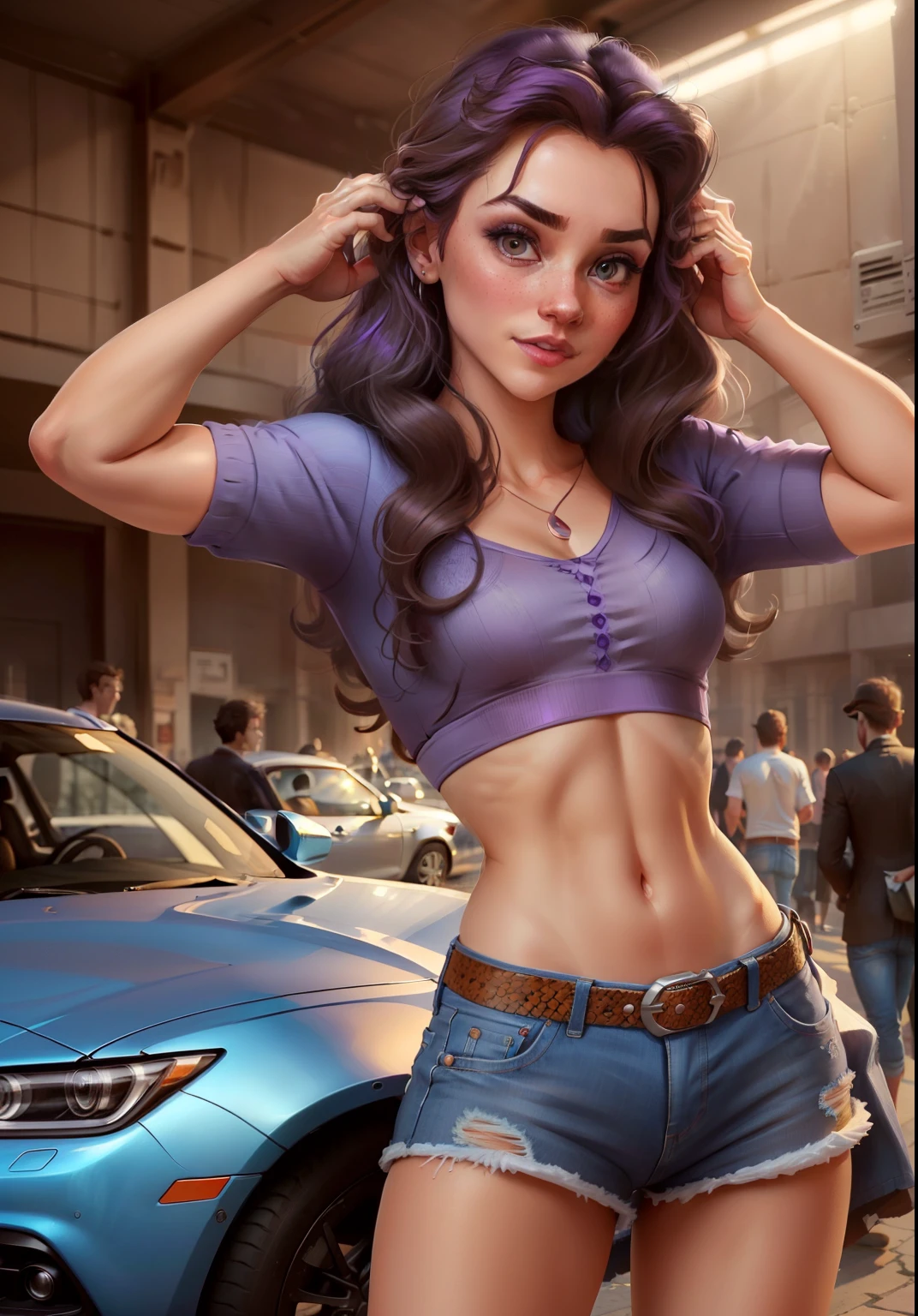 (beautiful wife:1), (Флажок в клетку Misterоночный черно-белый в руке:1.5), Misterоночные машины на фоне, surprised, Cute, Cute pose, Misterлядя на зрителя, четкие симметричные детализированные Misterлаза, (hairstyle long hair loose), (bright purple hair), (short denim shorts sexy:1.2), (purple top on naked body:1.2), :Mister, (Realistic: 1), (cartoon), (masterpiece: 1.2), (best quality), (overly detailed), (8 thousand., 4K, intricate), (full length shot: 1), (cowboy shot: 1.2), (85 mm), light particles, lighting, (very detailed: 1.2), (detailed face: 1.2), (Misterрадиенты), sfw, Colorful, (подробные Misterлаза: 1.2), (подробный пейзаж Misterоночной трассы, sports cars, competitions, sports car:1.2),(blurred background), (динамический уMisterол:1.2), (dynamic pose:1.2), (rule three_Composition:1.3), (Line of action:1.2), wide view, daylight, One, five fingers on hands