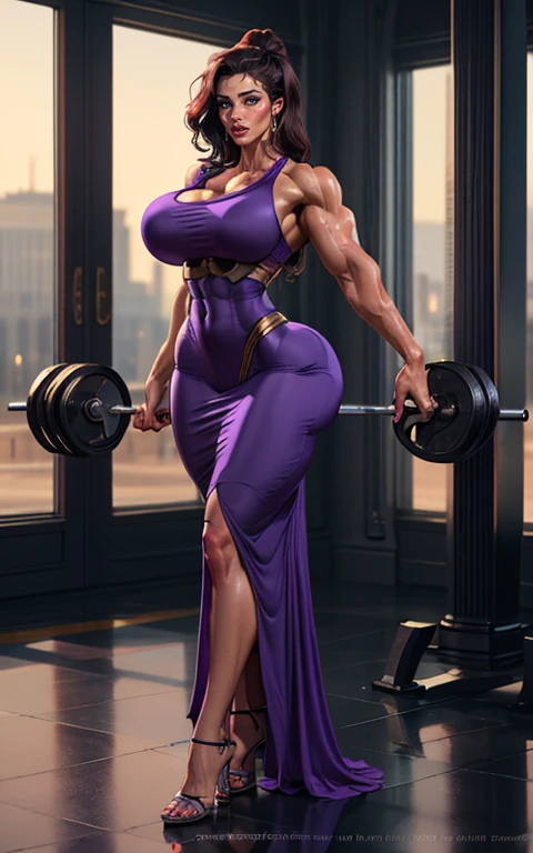 masterpiece, best quality, volumetric lighting, realistic, 1girl, full body of beautiful megara, ((wide hips)), (((MASSIVE FEMALE BODYBUILDER))), (((HUGE BREASTS))), (thick legs and calves), bare shoulders, sexual erotic transparent long purple dress, 