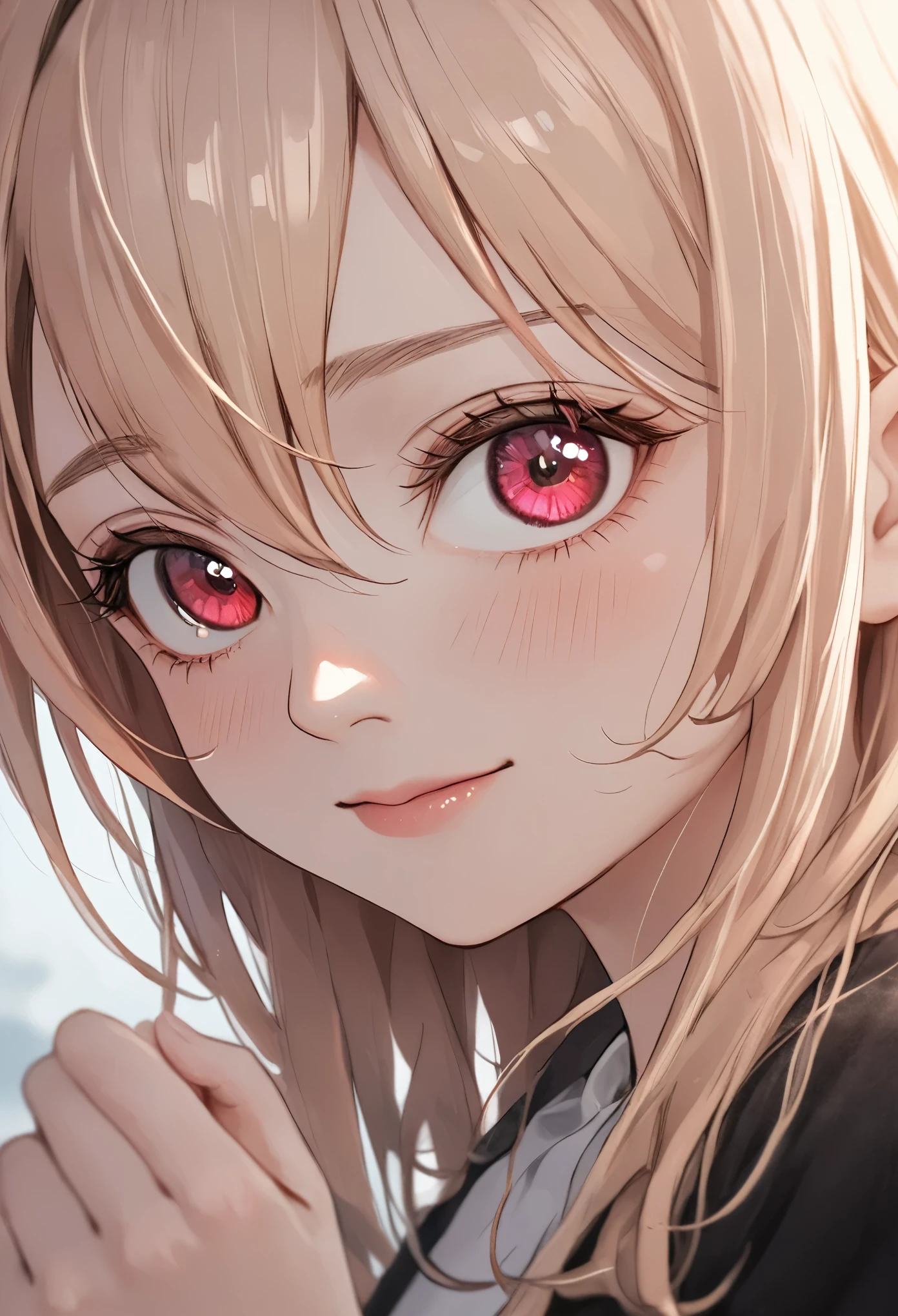 masterpiece, best quality, ultra-detailed, low-angle close-up of a young woman’s face, her blonde hair with soft pink streaks slightly flowing as she gazes down with a condescending, ((mesugaki,smile, looking at viewer, blush, hand up ,mocking expression)), her red eyes glisten with a wicked glint, her lips curled into a taunting smirk, her eyebrows slightly raised, adding a sense of superiority and playfulness, the angle emphasizes her dominant expression, making it feel as though she’s looking down at the viewer, the soft light catches on her face, highlighting the sharp details of her smirk and eyes, the background is softly blurred with a bokeh effect, drawing full attention to her malicious yet confident expression, every detail of her face is meticulously rendered, capturing the depth of her mocking, superior gaze.