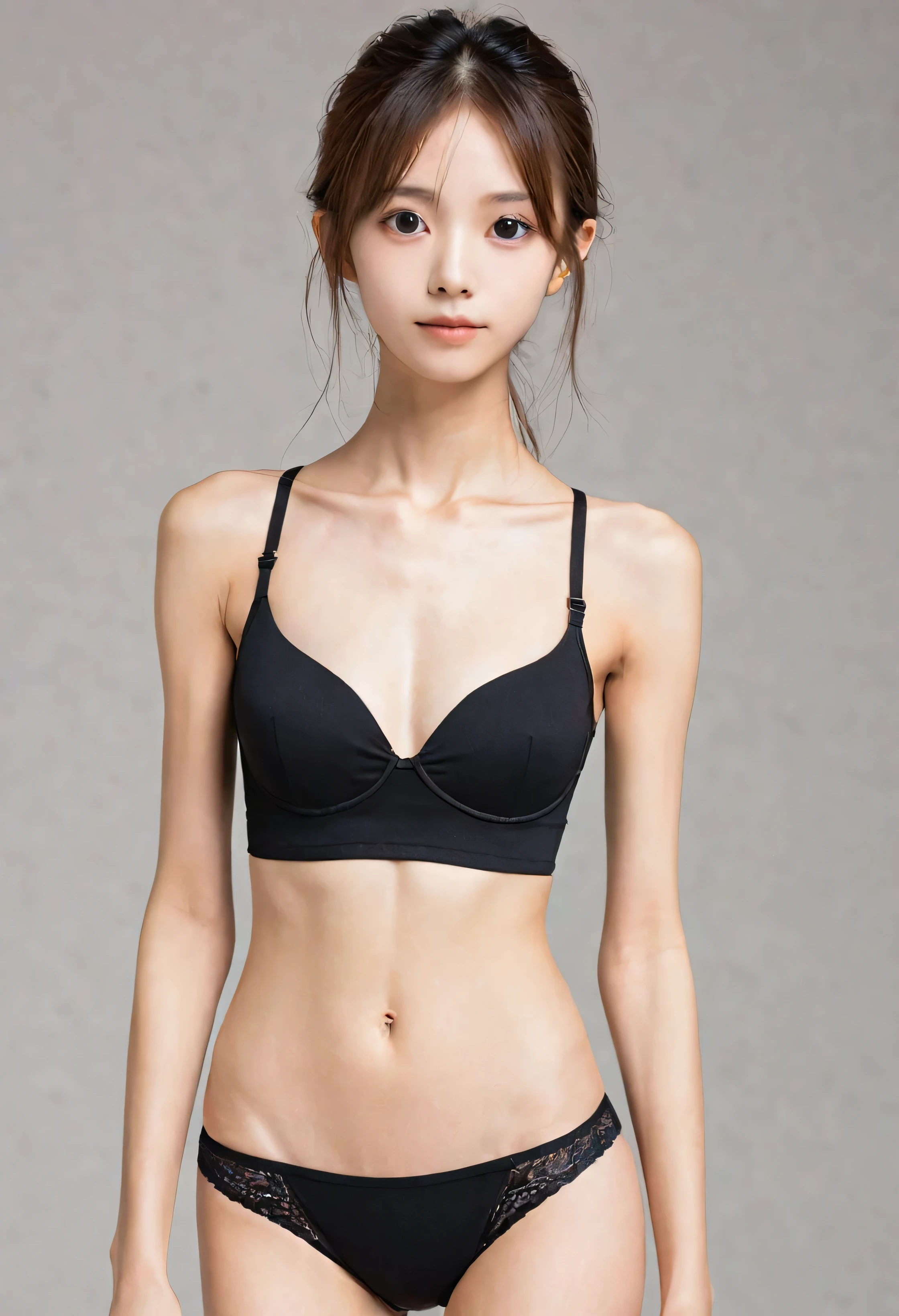 High image quality、A skinny body with only skin and bones、thinspo, A young female junior high school student、Wearing a black bra and panties、Too thin neck、Perfect Face、Small face、High nose、Small nostrils、Super cute、Blank expression、Big Eyes、White skin、Long brown hair、malnutrition、Muscular body、Too thin body、Too thin arms、Too thin legs、The collarbone is protruding、Ribs sticking out、Too thin body、Too thin and flat stomach、