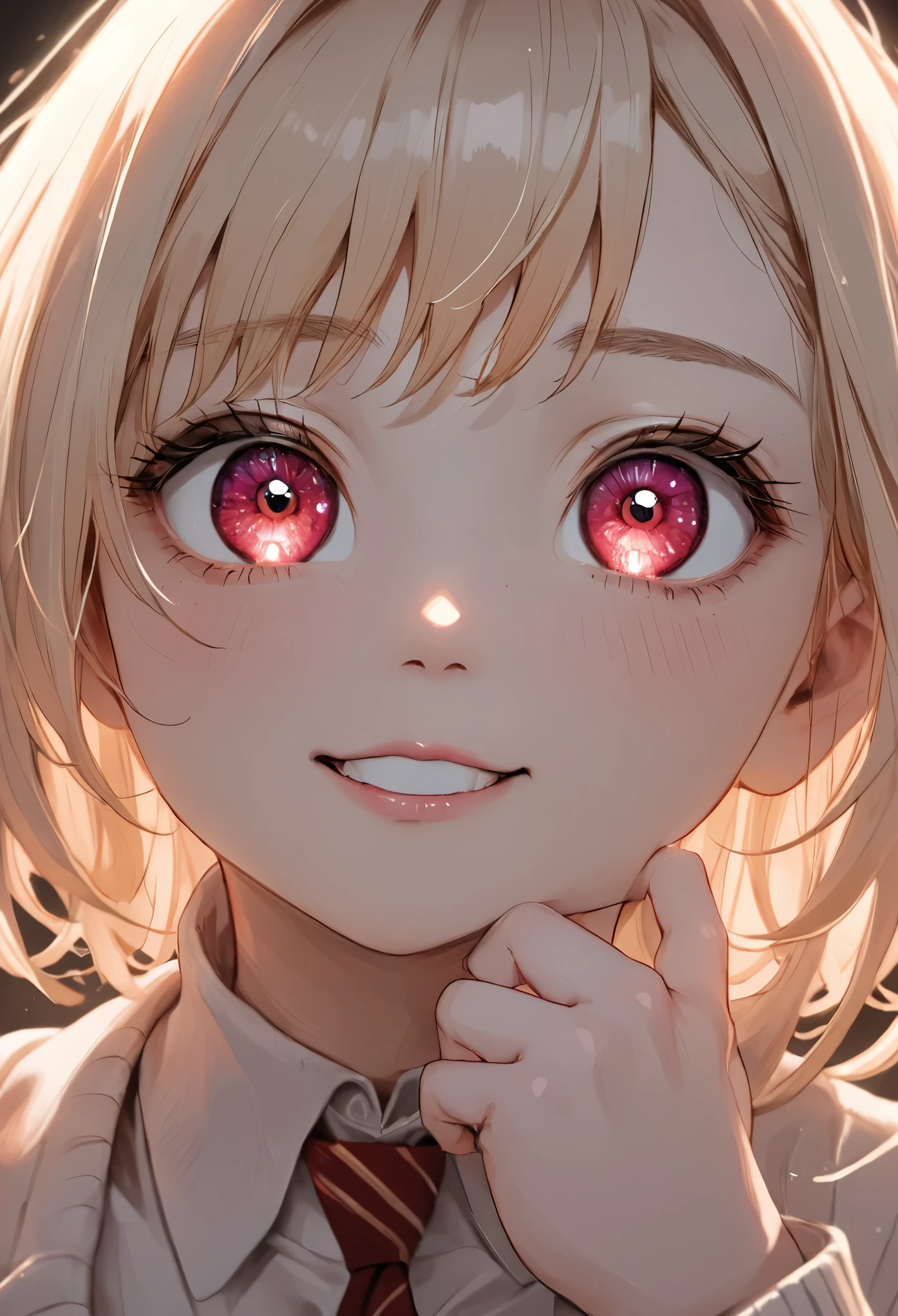 masterpiece, best quality, ultra-detailed, low-angle close-up of a young woman’s face, her blonde hair with soft pink streaks slightly flowing as she gazes down with a condescending, ((mesugaki,smile, looking at viewer, blush, hand up ,mocking expression)), her red eyes glisten with a wicked glint, her lips curled into a taunting smirk, her eyebrows slightly raised, adding a sense of superiority and playfulness, the angle emphasizes her dominant expression, making it feel as though she’s looking down at the viewer, the soft light catches on her face, highlighting the sharp details of her smirk and eyes, the background is softly blurred with a bokeh effect, drawing full attention to her malicious yet confident expression, every detail of her face is meticulously rendered, capturing the depth of her mocking, superior gaze.