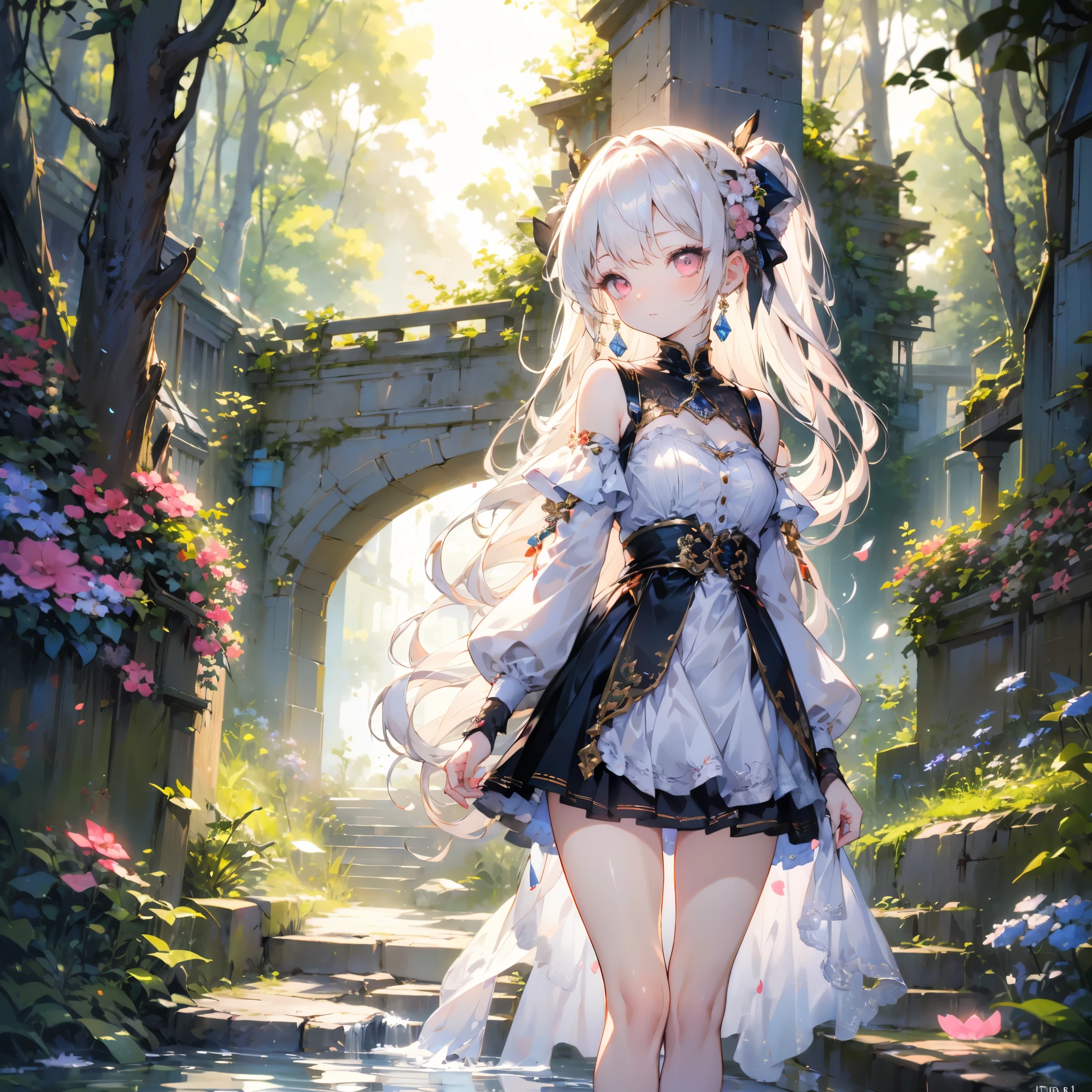 masterpiece, best quality, ultra-detailed illustration of a young woman standing gracefully in a peaceful, dreamlike environment, her long, wavy dark hair flows down her back, tied with a soft pink ribbon that catches the breeze, her large pink eyes are filled with gentle curiosity as she gazes ahead, her outfit is a flowing pink and white dress, the fabric of her skirt rippling with soft folds, the dress is adorned with delicate ruffles and detailed stitching, the soft pastel colors of her outfit blend harmoniously with the background, which is filled with softly blurred trees and flower petals floating in the air, the soft golden light from the sky bathes her in a warm glow, creating a serene and peaceful atmosphere, her expression is calm and thoughtful, as if she is lost in her own world, the delicate details in her dress, hair, and surroundings create a rich and immersive illustration, blending softness with intricate design.