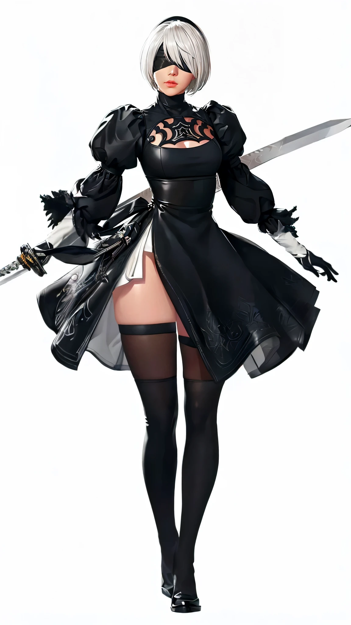 (((figure,御姐figure,White and tender skin,((black skirt,))),(((n_2b,Blindfold, black eye mask, with short white hair,Wears a black eye patch,))),,((masterpiece)),highres,((Best quality at best)),masterpiece,quality,Best quality,((( Exquisite facial features,For the audience,))),Medium chest,A girl,Holding a sword behind his back)))