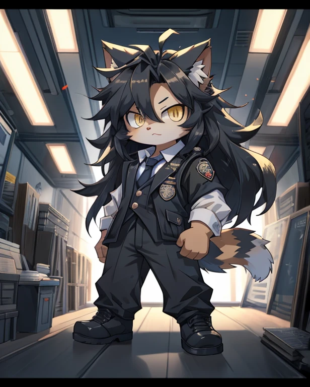 masterpiece, Best Quality, anime, figure, Alone, Dynamic pose, cat, (small:1.3), cute, Black fur, Yellow Eyes, gun, tank,uniform, Long Hair, Black Hair, Disheveled Hair, 