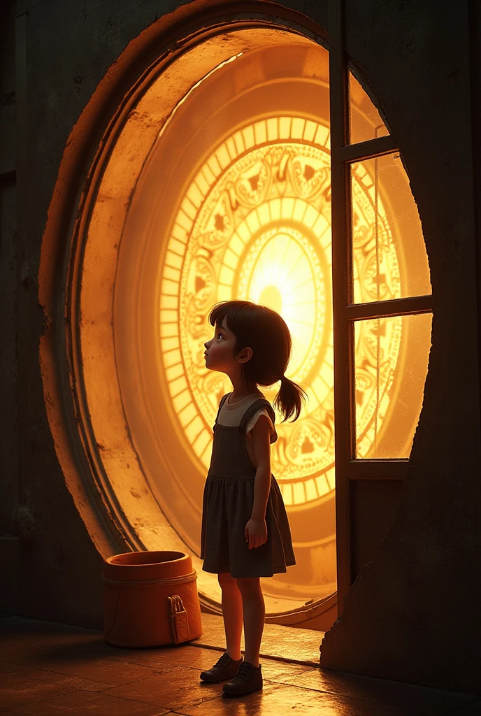 a girl in the lamp house of a light house, showing the light reflector as background