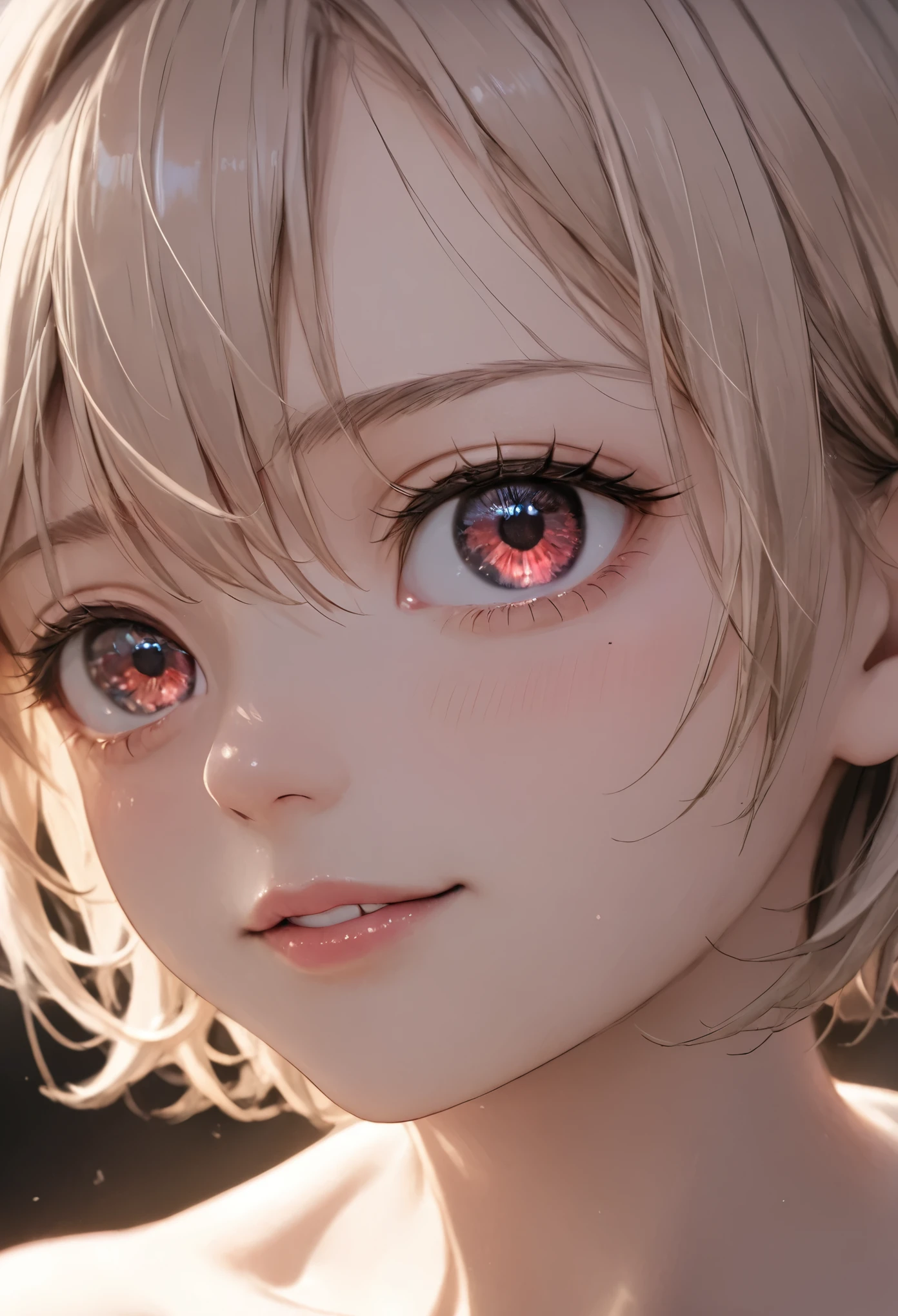 masterpiece, best quality, ultra-detailed, low-angle close-up of a young woman’s face, her blonde hair with soft pink streaks slightly flowing as she gazes down with a condescending, mesugaki,smile, looking at viewer, blush, hand up ,mocking expression, her red eyes glisten with a wicked glint, her lips curled into a taunting smirk, her eyebrows slightly raised, adding a sense of superiority and playfulness, the angle emphasizes her dominant expression, making it feel as though she’s looking down at the viewer, the soft light catches on her face, highlighting the sharp details of her smirk and eyes, the background is softly blurred with a bokeh effect, drawing full attention to her malicious yet confident expression, every detail of her face is meticulously rendered, capturing the depth of her mocking, superior gaze.