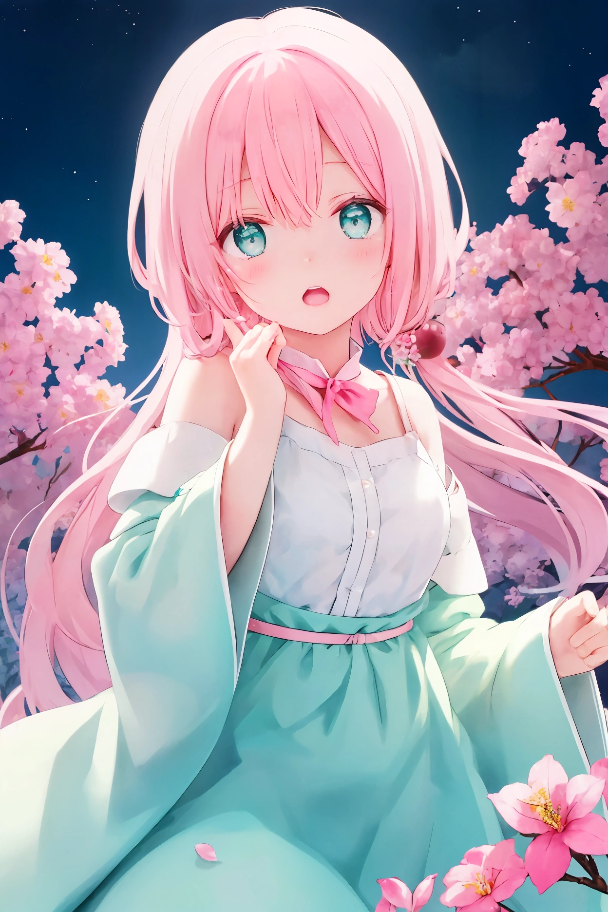 Beautiful anime  with light pink hair and turquoise eyes with flowers in the background, Singing 