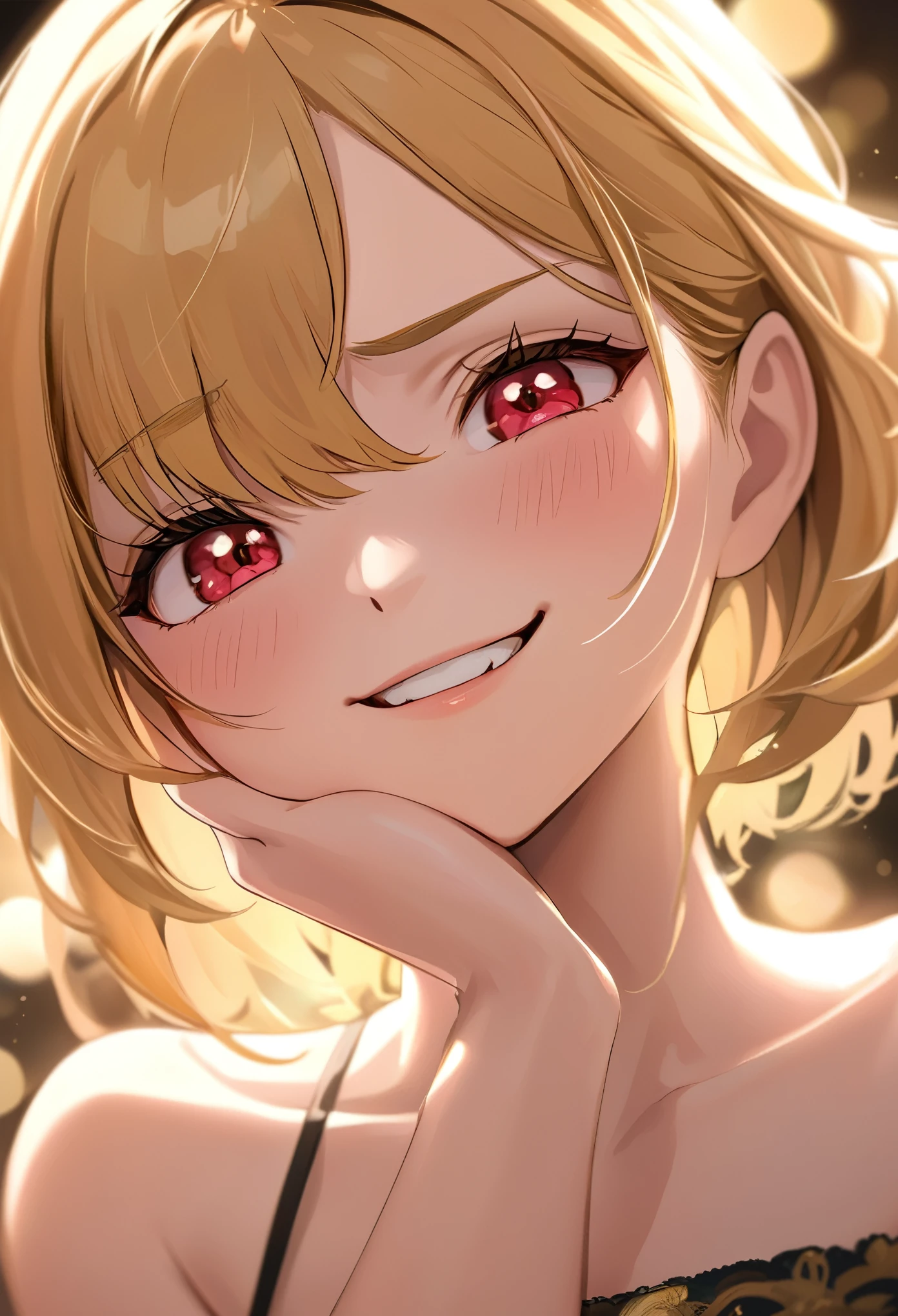 masterpiece, best quality, ultra-detailed, low-angle close-up of a young woman’s face, her blonde hair with soft pink streaks slightly flowing as she gazes down with a condescending, mesugaki,smile, looking at viewer, blush, hand up ,mocking expression, her red eyes glisten with a wicked glint, her lips curled into a taunting smirk, her eyebrows slightly raised, adding a sense of superiority and playfulness, the angle emphasizes her dominant expression, making it feel as though she’s looking down at the viewer, the soft light catches on her face, highlighting the sharp details of her smirk and eyes, the background is softly blurred with a bokeh effect, drawing full attention to her malicious yet confident expression, every detail of her face is meticulously rendered, capturing the depth of her mocking, superior gaze.