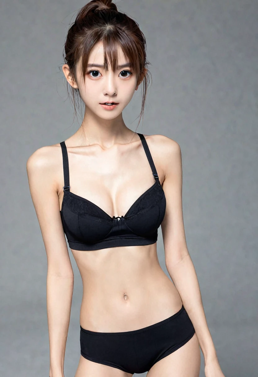 High image quality、A skinny body with only skin and bones、thinspo, A young female junior high school student、Wearing a black bra and panties、Too thin neck、Perfect Face、Small face、High nose、Small nostrils、Super cute、ponytail、Angry、Big Eyes、White skin、Long brown hair、malnutrition、Muscular body、Too thin body、Too thin arms、Too thin legs、The collarbone is protruding、Ribs sticking out、Too thin body、Too thin and flat stomach、