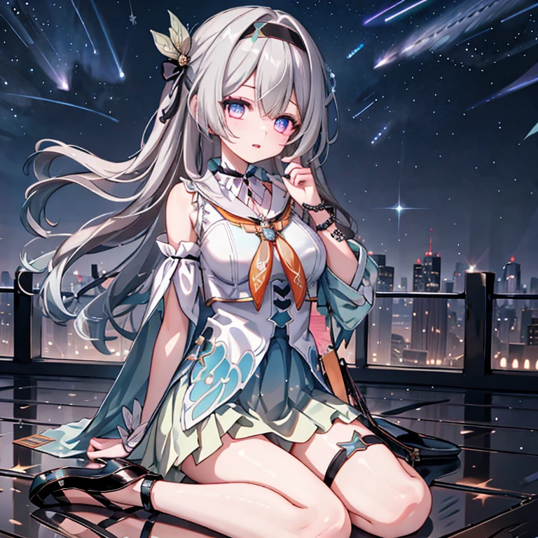 1 Girl, this \(Collapse: Star Trails\), Detachable sleeves, High heel, High waist skirt, Sleeveless shirt, ID card, Outer Skirt, Anklets, Thigh strap, bracelet, Hairpin, belt, Neck bow, choker necklace, Starry Sky, Sitting, Yokozuwari, look up, meteor, outdoor, Depth of Field, (Extremely detailed CG unity 8k wallpaper,masterpiece, Best quality, Ultra detailed, Beautiful and delicate eyes:1.2)