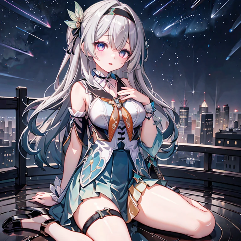 1 Girl, this \(Collapse: Star Trails\), Detachable sleeves, High heel, High waist skirt, Sleeveless shirt, ID card, Outer Skirt, Anklets, Thigh strap, bracelet, Hairpin, belt, Neck bow, choker necklace, Starry Sky, Sitting, Yokozuwari, look up, meteor, outdoor, Depth of Field, (Extremely detailed CG unity 8k wallpaper,masterpiece, Best quality, Ultra detailed, Beautiful and delicate eyes:1.2)