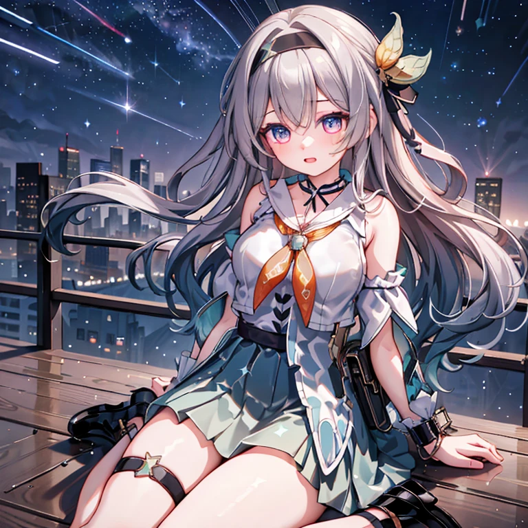 1 Girl, this \(Collapse: Star Trails\), Detachable sleeves, High heel, High waist skirt, Sleeveless shirt, ID card, Outer Skirt, Anklets, Thigh strap, bracelet, Hairpin, belt, Neck bow, choker necklace, Starry Sky, Sitting, Yokozuwari, look up, meteor, outdoor, Depth of Field, (Extremely detailed CG unity 8k wallpaper,masterpiece, Best quality, Ultra detailed, Beautiful and delicate eyes:1.2)