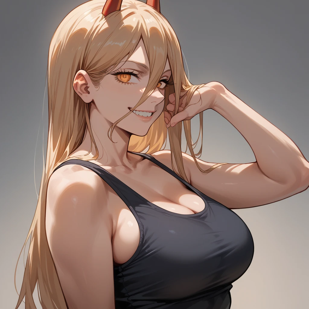 Power from chainsaw man, tight clothing, smile, attractive body, profile picture, horns, blonde hair, 8k, big breasts, smiling at viewer, eyecatching, tank top, seductive smile, 