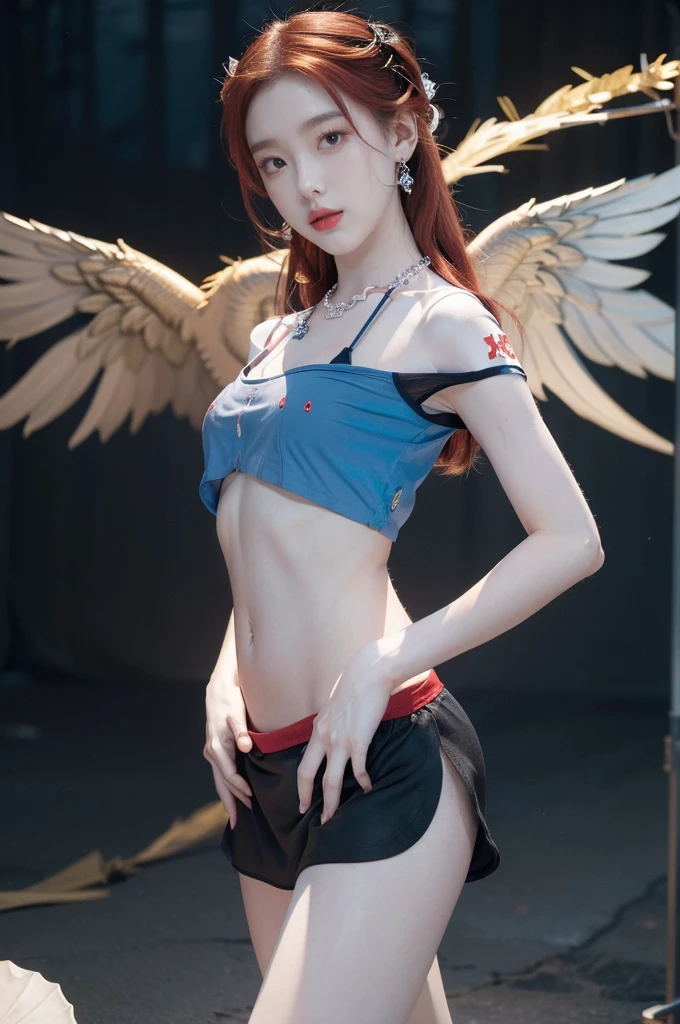 (((best quality))), (((Detailed details))), (((masterpiece))), illustration,((1 beautiful ,alone,Demon Girl)),((White skin,Shoulder length straight red hair,blue eyes)),(earring,crystal necklace),((thin,thin,Small breasts,Flat chest)),Cheerful face,(Black Angel Wings:1.3),(Red short sleeve dress:1.3),((In the dark hell)),(hello:1.3),Fire rages around, Strong wind, Fire from Hell),((navel)),((From front,stand,Upper part,Back arm)),((Tights)),((เจาะnavel)),MSFW