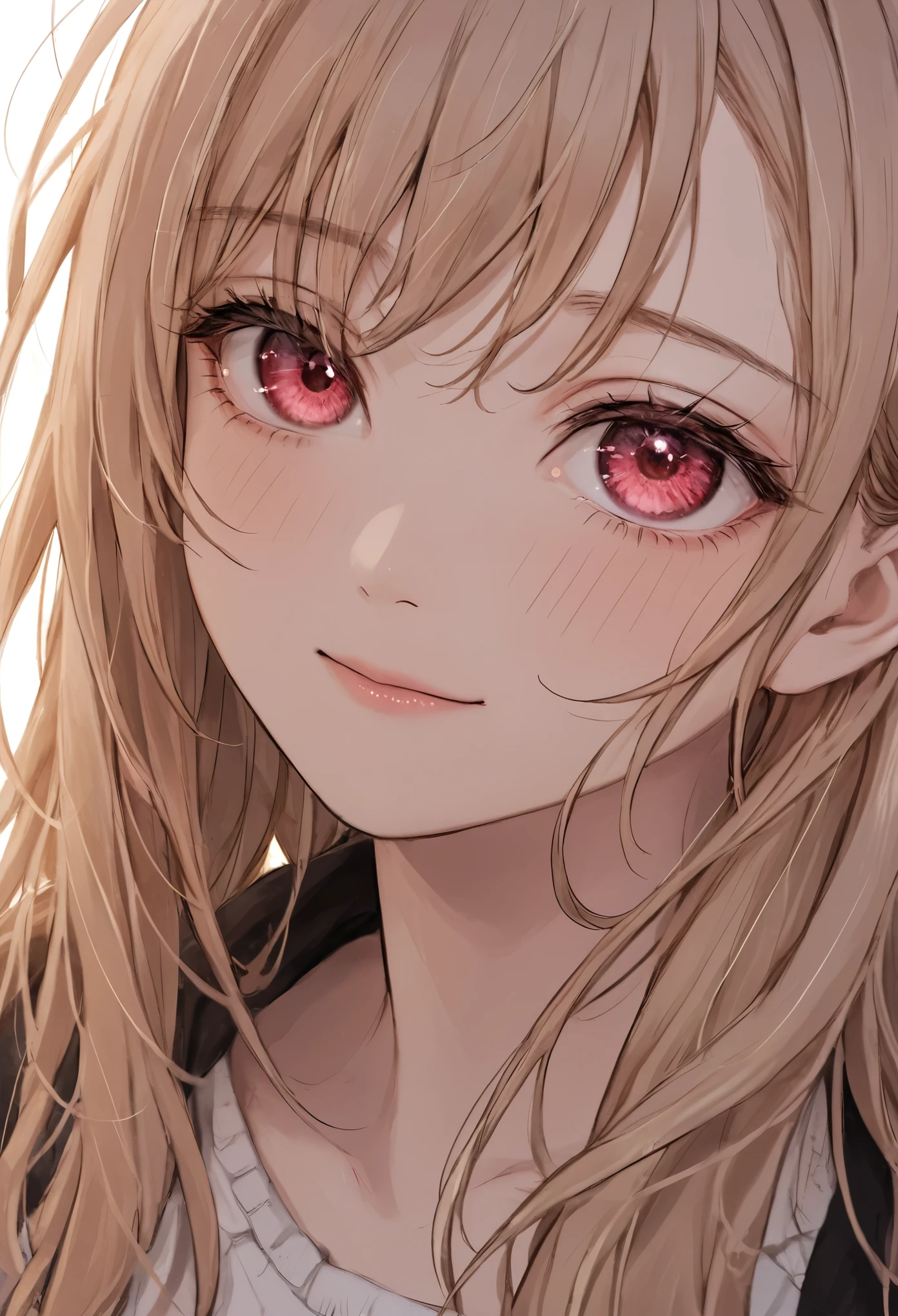 masterpiece, best quality, ultra-detailed, low-angle close-up of a young woman’s face, her blonde hair with soft pink streaks slightly flowing as she gazes down with a condescending, mesugaki,smile, looking at viewer, blush, hand up ,mocking expression, her red eyes glisten with a wicked glint, her lips curled into a taunting smirk, her eyebrows slightly raised, adding a sense of superiority and playfulness, the angle emphasizes her dominant expression, making it feel as though she’s looking down at the viewer, the soft light catches on her face, highlighting the sharp details of her smirk and eyes, the background is softly blurred with a bokeh effect, drawing full attention to her malicious yet confident expression, every detail of her face is meticulously rendered, capturing the depth of her mocking, superior gaze.