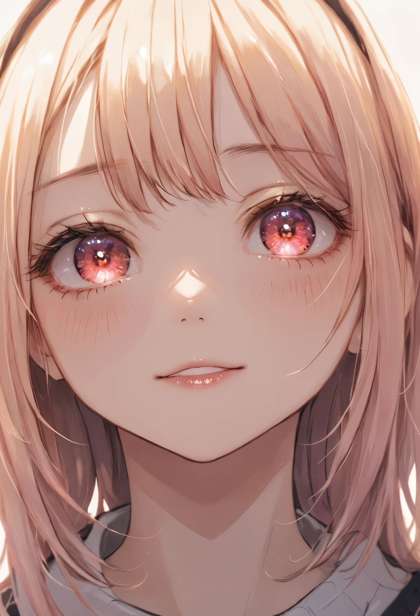 masterpiece, best quality, ultra-detailed, low-angle close-up of a young woman’s face, her blonde hair with soft pink streaks slightly flowing as she gazes down with a condescending, mesugaki,smile, looking at viewer, blush, hand up ,mocking expression, her red eyes glisten with a wicked glint, her lips curled into a taunting smirk, her eyebrows slightly raised, adding a sense of superiority and playfulness, the angle emphasizes her dominant expression, making it feel as though she’s looking down at the viewer, the soft light catches on her face, highlighting the sharp details of her smirk and eyes, the background is softly blurred with a bokeh effect, drawing full attention to her malicious yet confident expression, every detail of her face is meticulously rendered, capturing the depth of her mocking, superior gaze.