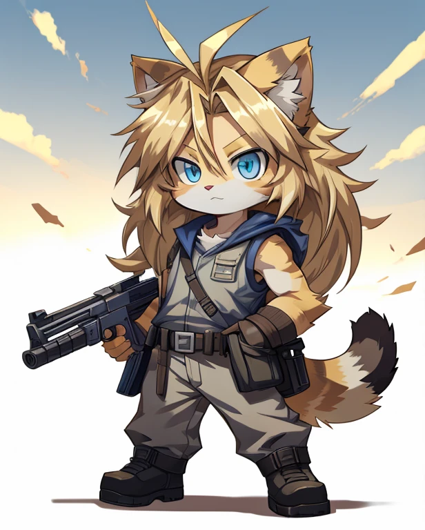 masterpiece, Best Quality, anime, figure, Alone, Dynamic pose, cat, (small:1.3), Yellow fur, blue eyes, gun, tank,soldier, Long Hair, Blonde, Disheveled Hair, 