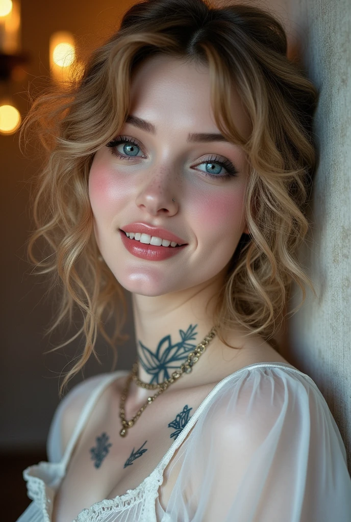 Anie, (best quality,highres,masterpiece:1.2),ultra-detailed,photorealistic:1.37,portrait,beautiful woman,curly hair,freckles,detailed eyes,detailed lips,dirty blonde hair,vibrant colors,soft lighting,studio setting,feminine,pensive expression,graceful pose,delicate features,subtle makeup,bokeh,shallow depth of field,subtle smile,rosy cheeks,airy feel,artistic composition, anie Green eyes, Cinematic, Hyper-detailed, insane details, Beautifully color graded, Cinematic Lightning, Insanely detailed and intricate, Hyper maximalist, Volumetric, Full color, HDR, shallow depth of field, high budget Hollywood film, cinemascope, moody, epic, gorgeous