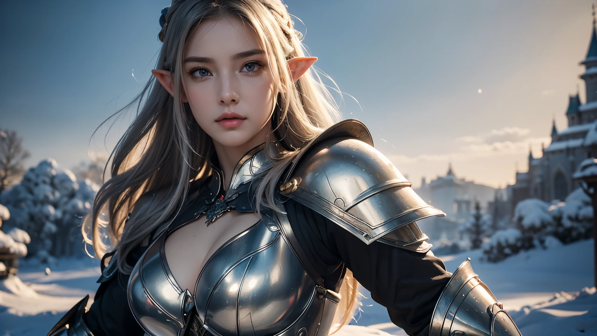 Close-up，Woman holding sword and armor, Armor Girl, 2. 5d cgi animation fantasy artwork, Big breasts，Epic fantasy digital art style, detailed Digital 2D Fantasy Art, Digital 2D Fantasy Art, Original photo, (Best quality:1.3), high resolution(masterpiece), (Realistic:1.4), Professional Photography, Clear focus, High Dynamic Range, 8k resolution, Intricate details, Fine details, Depth of Field, Extremely detailed CG unified 8K wallpaper, masterpiece，poster，Best quality官方艺术，（Beauty and aesthetics：1.2），（masterpiece：1.3），Female Elf，personal，Light Leather Armor，Complex Mode，snow，Elf style castle，Medium distance photography，（early morning），dramatic，