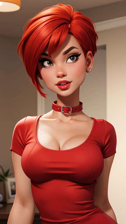 Uma garota sexy com cabelos castanhos, she's in an office, she is wearing an red EROTICA outfit, visible nipple 