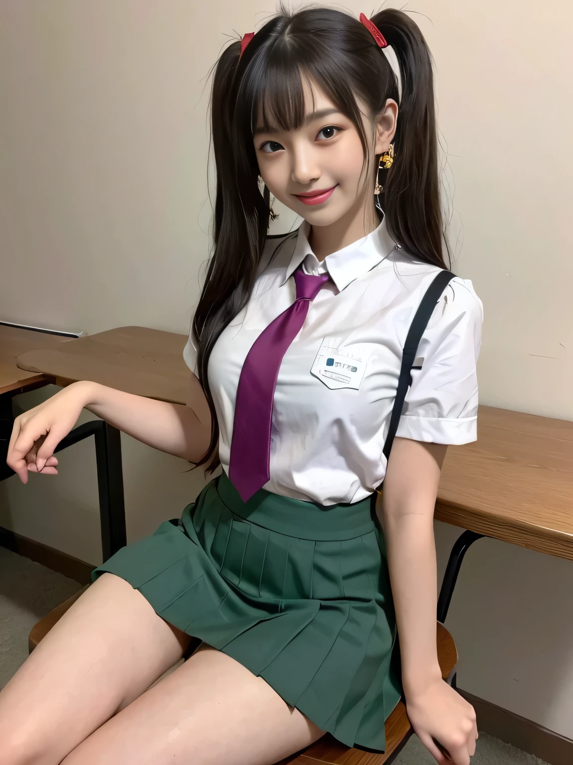 (8k), (highest quality: 1.2), (Realistic), (Realistic: 1.37), Ultra-high resolution, (1 girl), cute, smile, Mouth closed, Beautiful details, Beautiful Nose, Wet Hair, Twin tails,Giant Dulcefo, pork, Thighs,Self Snap,University uniform,simple(shirt formal,Light Blue:1.4),Pleated skirt,(The skirt and tie are gray tartan check pattern.....:1.3),(Sitting:1), Sit on the ground,(Hug my feet:1),(Pink Pantyhose:1.2),from the front,knees