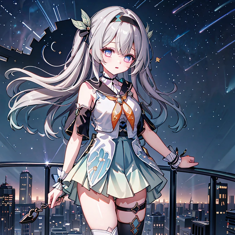 1 Girl, this \(Collapse: Star Trails\), Detachable sleeves, High heel, High waist skirt, Sleeveless shirt, ID card, Outer Skirt, Anklets, Thigh strap, bracelet, Hairpin, belt, Neck bow, choker necklace, Starry Sky, Standing, Yokozuwari, look up, meteor, outdoor, Depth of Field, (Extremely detailed CG unity 8k wallpaper,masterpiece, Best quality, Ultra detailed, Beautiful and delicate eyes:1.2)