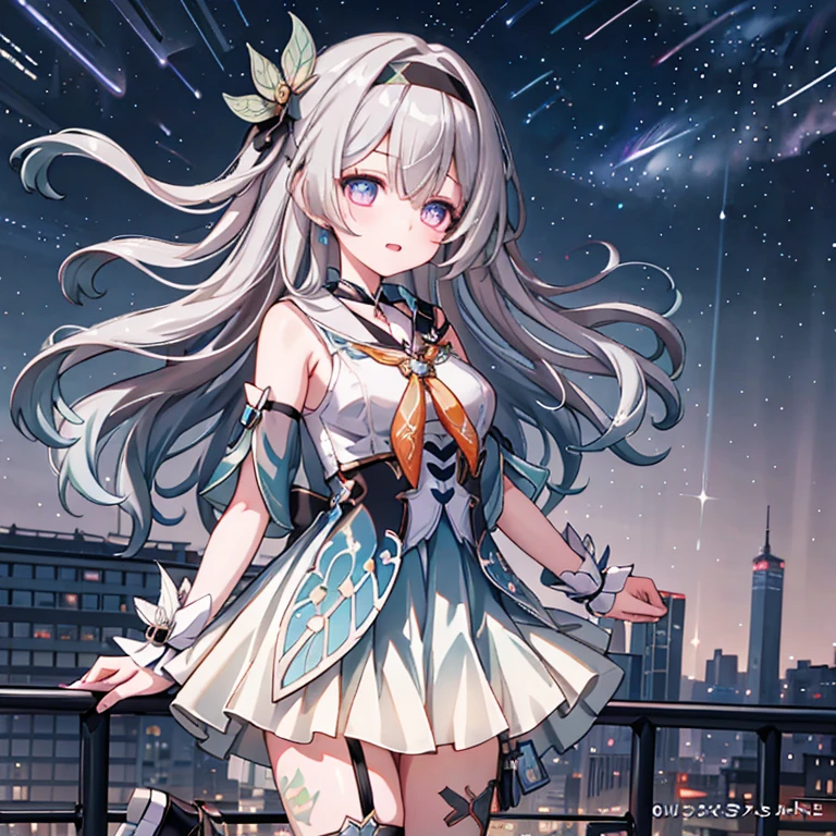 1 Girl, this \(Collapse: Star Trails\), Detachable sleeves, High heel, High waist skirt, Sleeveless shirt, ID card, Outer Skirt, Anklets, Thigh strap, bracelet, Hairpin, belt, Neck bow, choker necklace, Starry Sky, Standing, Yokozuwari, look up, meteor, outdoor, Depth of Field, (Extremely detailed CG unity 8k wallpaper,masterpiece, Best quality, Ultra detailed, Beautiful and delicate eyes:1.2)