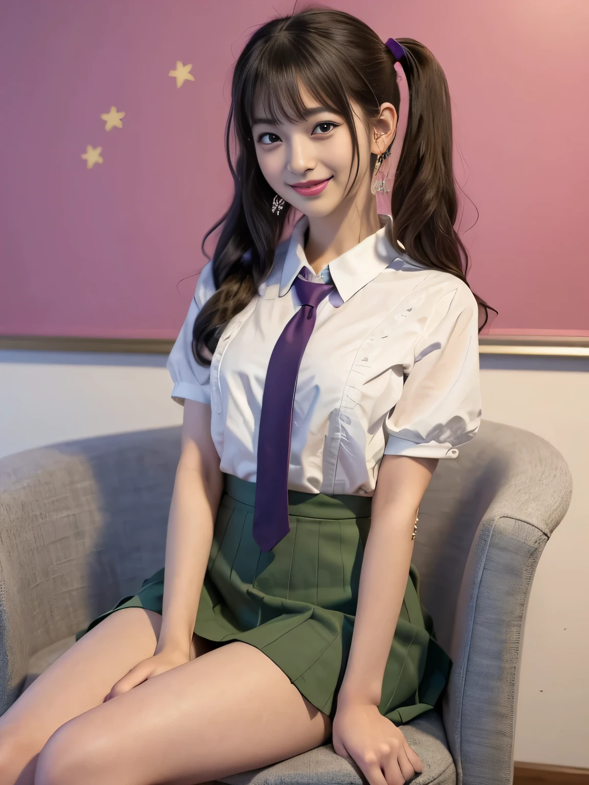 (High resolution),(High resolution),(High resolution),(8k), One girl, Yoshizuki_Iori、School_uniform_purple_shirt_green_skirt_white_neckerchief_black_Knee socks、In a high school classroom, Lying on the floor, Spread your legs, shirts lift, Show off your breasts, Spread your legs, squat, White T-back panty),
