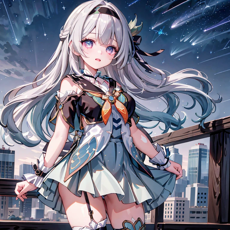 1 girl in a starry night sky, detailed face with beautiful detailed eyes, lips, and long eyelashes, strapless shirt, high waisted skirt, high heels, identity card, outer skirt, anklet, leg garter, bracelet, hair clip, belt, bow choker necklace, standing in a yokozuwari pose, looking up, shooting stars, outdoor scene, depth of field, (extremely detailed CG unity 8k wallpaper, masterpiece, best quality, ultra-detailed, beautiful detailed eyes:1.2)，wink