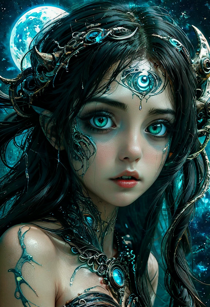 （best qualtiy，ultra - detailed，Most Best Illustration，Best shadow，tmasterpiece，A high resolution，professionalartwork，famousartwork），Detailed eyes，beautidful eyes，closeup cleavage，sci-fy，colored sclera，Robot eyes，face markings，Tattooed with，（fractalized，Fractal eyes），largeeyes，Wide eyes，（Eye focus），sface focus，Cosmic eyes，Space eyes，Close-up of metal sculpture of a woman with a moon in her hair，goddes。extremly high detail，3 d goddess portrait，Extremely detailed footage of the goddess，a stunning portrait of a goddess，goddess portrait，portrait of a beautiful goddess，goddess close-up portrait，hecate goddess，portrait of a norse moon goddess，goddess of space and time