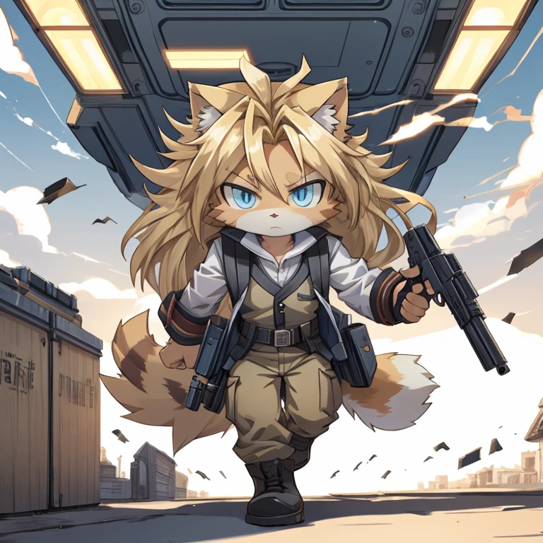 masterpiece, Best Quality, anime, figure, Alone, Dynamic pose, cat, (small:1.3), Yellow fur, blue eyes, gun, tank,soldier, Long Hair, Blonde, Disheveled Hair, 