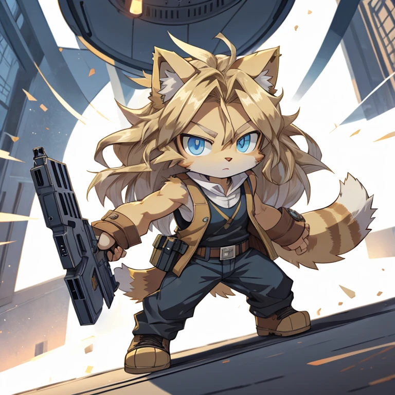 masterpiece, Best Quality, anime, figure, Alone, Dynamic pose, cat, (small:1.3), Yellow fur, blue eyes, gun, tank,soldier, Long Hair, Blonde, Disheveled Hair, 