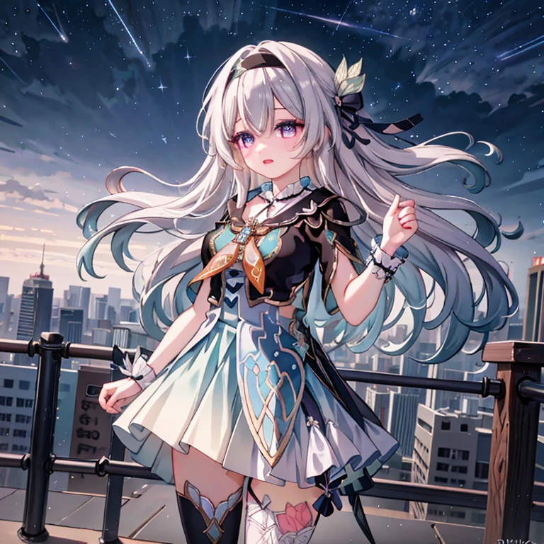 A girl in the starry sky，Delicate face，Beautiful eyes、lips and long eyelashes，Strapless shirt，High waist skirt，High heel，ID card，Outer Skirt，Anklets，Leg garters，bracelet，Hairpin，belt，Bow necklace，Standing in Hengzhou，Look up，meteor，Outdoor scene，Depth of Field，（Extremely detailed CG unity 8k wallpaper， masterpiece， Best quality， Ultra Detail， Beautiful details of the eyes：1.2）， Blink,whole body