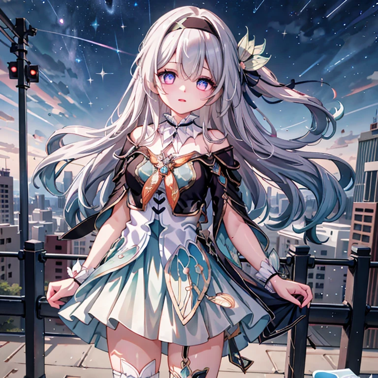 A girl in the starry sky，Delicate face，Beautiful eyes、lips and long eyelashes，Strapless shirt，High waist skirt，High heel，ID card，Outer Skirt，Anklets，Leg garters，bracelet，Hairpin，belt，Bow necklace，Standing in Hengzhou，Look up，meteor，Outdoor scene，Depth of Field，（Extremely detailed CG unity 8k wallpaper， masterpiece， Best quality， Ultra Detail， Beautiful details of the eyes：1.2）， Blink,whole body