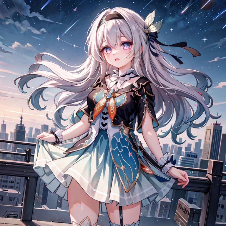 A girl in the starry sky，Delicate face，Beautiful eyes、lips and long eyelashes，Strapless shirt，High waist skirt，High heel，ID card，Outer Skirt，Anklets，Leg garters，bracelet，Hairpin，belt，Bow necklace，Standing in Hengzhou，Look up，meteor，Outdoor scene，Depth of Field，（Extremely detailed CG unity 8k wallpaper， masterpiece， Best quality， Ultra Detail， Beautiful details of the eyes：1.2）， Blink,whole body