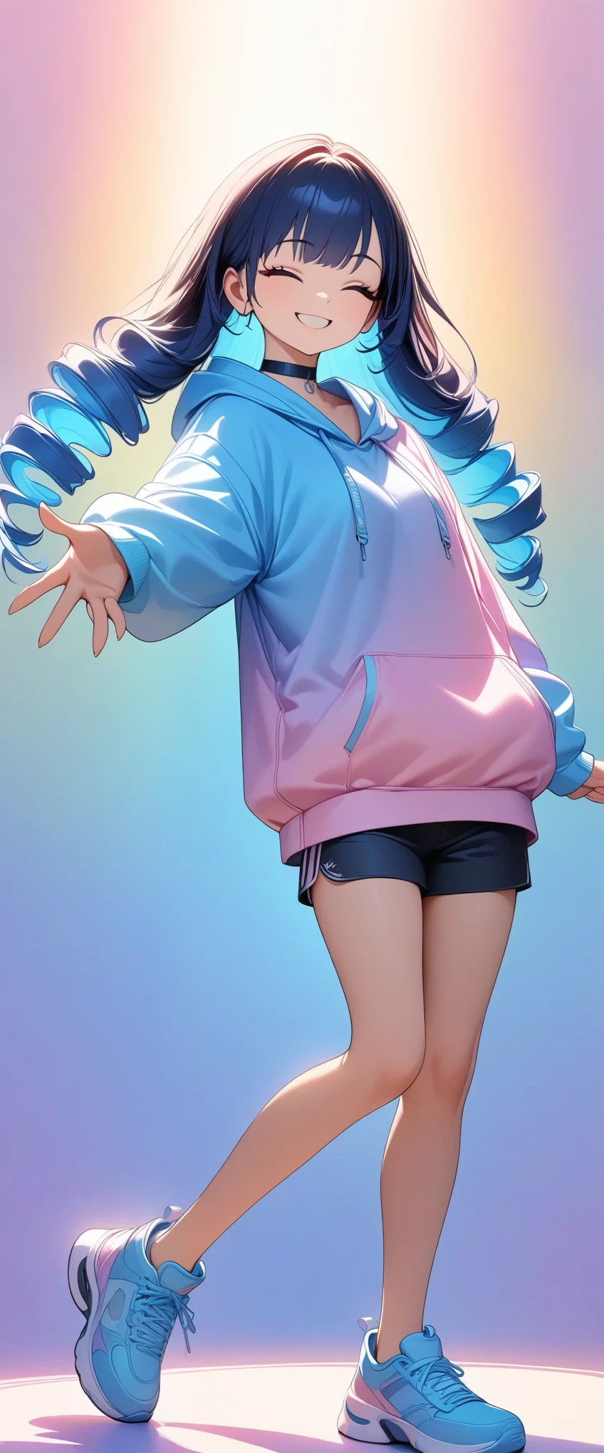 1 girl, View your viewers, Kawaii pose, (Blue Hair, High twin drill hair, Light blue ribbon, Choker, smile, Close your eyes), Pastel color hoodie, Shorts, sneakers, whole body, Detailed fingertips, Beautiful five fingers, (Pastel color background, Background Gradient), Chiaroscuro, (Best Quality, 4K, 8k, High resolution, masterpiece:1.2, Super detailed, Digital Painting, Dramatic lighting.