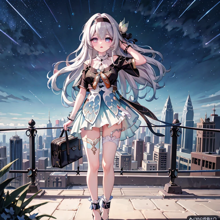 A girl in the starry sky，Delicate face，Beautiful eyes、lips and long eyelashes，Strapless shirt，High waist skirt，High heel，ID card，Outer Skirt，Anklets，Leg garters，bracelet，Hairpin，Full body image，From head to toe，belt，Bow necklace，Standing in Hengzhou，Look up，meteor，Outdoor scene，Depth of Field，（Extremely detailed CG unity 8k wallpaper， masterpiece， Best quality， Ultra Detail， Beautiful details of the eyes：1.2）， Blink