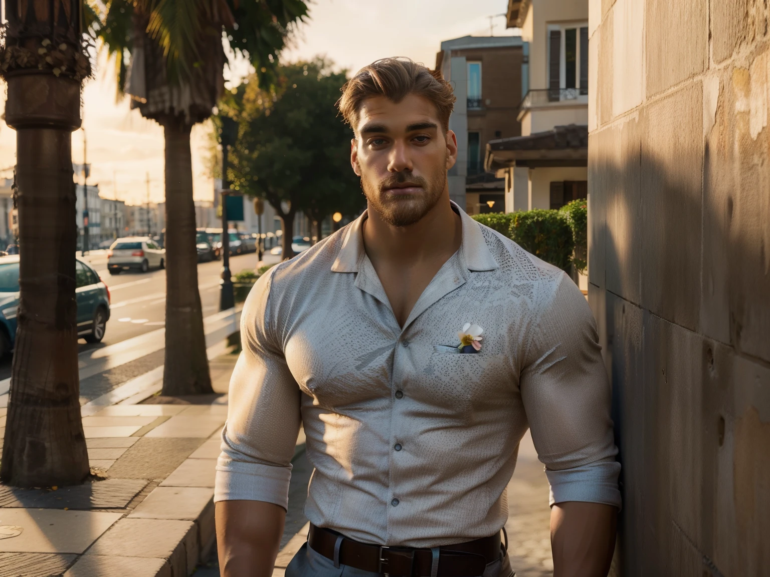 masterpiece, best quality, 1 male, small head, Rectangle face, Big Muscular body, Spanish, adult, handsome, tall muscular guy, Broad shoulder, big thigh, finely detailed eyes and detailed face, extremely detailed CG unity 8k wallpaper, intricate details, [ wearing formal shirt navy Detailed,( cream pants), (brown Belt), manly, Textured, (( leaning on wall at city park lot flowers )) paris, colorful, artistic, depth of field with Textured, realism, Extremely detailed , Detailed, glow up, (best quality:1.5) film grain (Nighttime ) auto focus, (detailed skin),cinematic photo,ambient, ultra camera, Very Amazing picture, (Wide shoot), amazing pose, auto focus, stunning, dream light, soft light , soft colour, High quality, bokeh effect, Real picture, Modern, Attractive pose , skin detailed pores, big guy, 8k, 4k, best quality, retrato ultra quality, Perfect proportion anatomy, Pores skin , glow up , wide shoot Mode