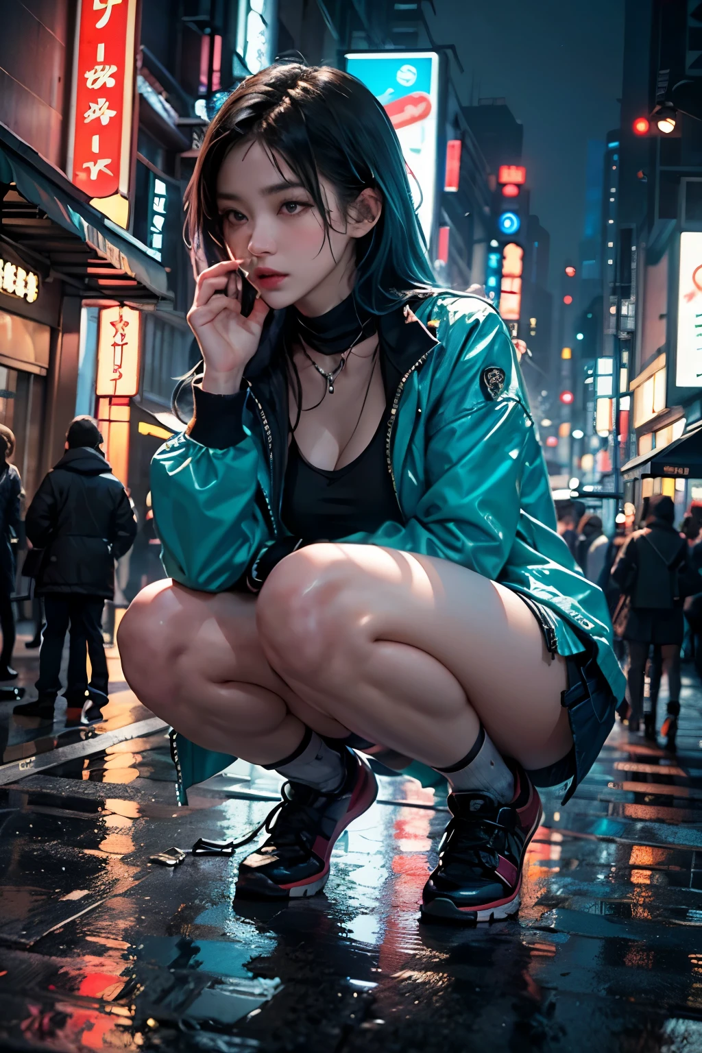 masterpiece, best quality, ultra-detailed illustration, a young woman crouching on a Tokyo street at night, her blue hair softly illuminated by the glow of nearby neon signs, she is dressed in an oversized light blue jacket that flows around her, paired with white leg warmers and black sneakers, her pose is relaxed, resting her chin on her hand in a thoughtful gesture, the background is filled with Tokyo’s iconic urban landscape—tall buildings adorned with glowing advertisements, bustling streets filled with pedestrians, and cars passing by, their headlights casting soft reflections on the wet pavement, the neon lights in shades of pink, blue, and green illuminate the scene, giving it a vibrant yet calm atmosphere, the soft glow of the streetlights reflects on her clothing, adding a touch of realism to the scene, her expression is serene, as if she’s lost in thought amidst the energy of the city, the intricate details of the cityscape, from the glowing billboards to the distant lights of skyscrapers, create a rich and immersive backdrop, the lighting is soft yet dynamic, casting gentle shadows and highlights on her figure, the entire scene feels alive with the vibrant energy of Tokyo’s nightlife, but her calm presence adds a layer of introspection and serenity to the composition.