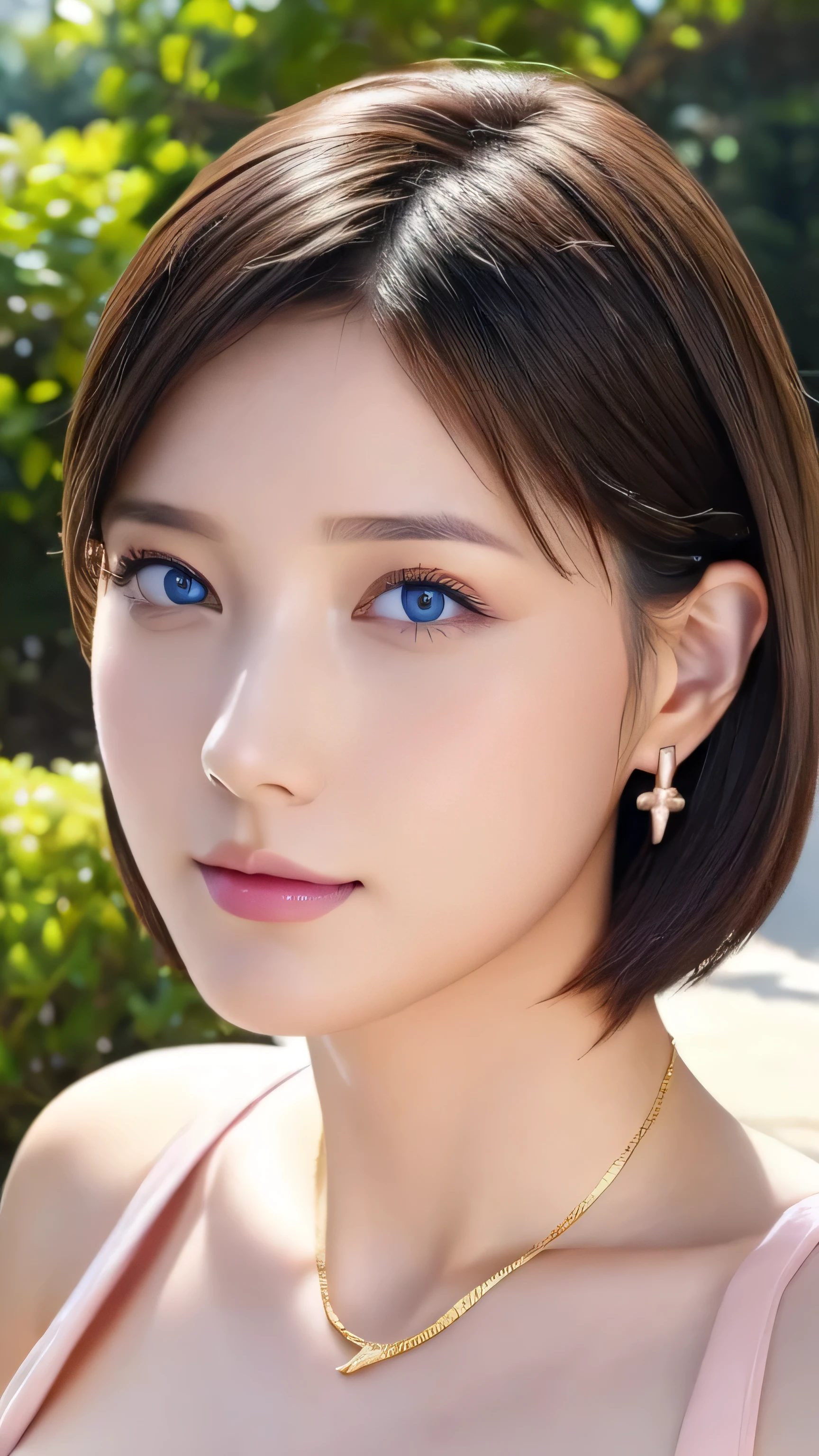 (masterpiece:1.3), (8k, Realistic, RAW Photos, Best Quality: 1.4), Japanese, (1 girl), Beautiful Face, (A vivid face), Short Bob Hair:1.3), Beautiful Hairstyles, Random hair color、Realistic eyes, Beautiful Eyes, (Realistic Skin), Beautiful Skin, charm, Ultra-high resolution, Attention to detail, Golden Ratio, Detail Makeup、Completely naked、I can see the shoulder bones、Daytime、Enchanting eyeshadow、Long eyelashes、Sharp Eye、blue eyes、Moles around the mouth、Earrings、Gorgeous gold necklace、Looking down from above、超Big Breasts、Big Breasts、Large Breasts、Protruding areola:2.0、Beautiful pink areola、Beautifully detailed pink nipples:2.0、Protruding nipples、Close your eyes and feel、Bright outdoors、Small nipples:2.0、Small areola:2.0、Shiny skin